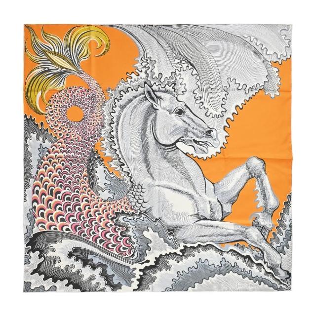 【Hermes 愛馬仕】Cheval Sirene 90 cm手工捲邊斜紋真絲雙面方巾(金黃/灰/粉)