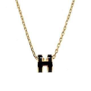 【Hermes 愛馬仕】Mini Pop H pendant 經典H立體橢圓簍空項鍊(黑/金)