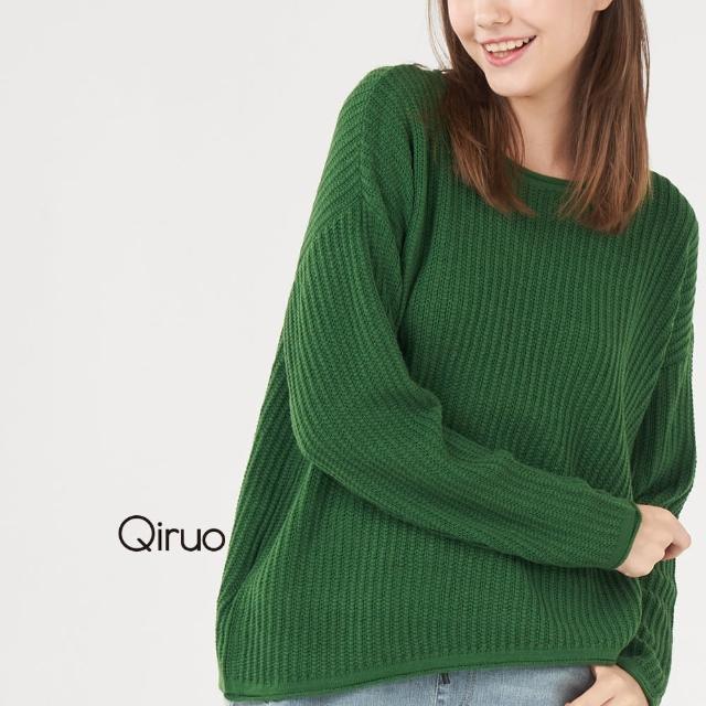 【Qiruo 奇若名品】專櫃綠色小羊毛上衣 精品時尚保暖(直紋路下擺斜式造型-共三色-2008AA-70)