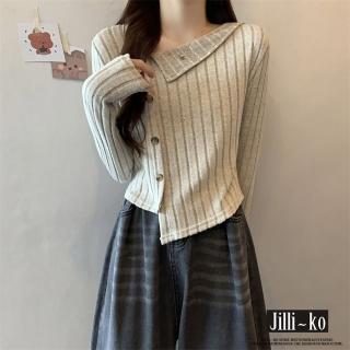 【JILLI-KO】不規則翻領針織衫女軟糯坑條單排扣設計-F(黑/杏)