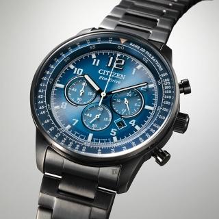 【CITIZEN 星辰】光動能紳士三眼計時手錶-黑x藍 女王節(CA4505-80L)