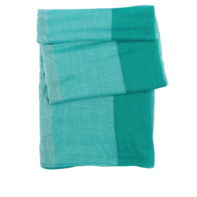 【Hermes 愛馬仕】拼色喀什米爾羊毛圍巾_展示品(藍綠/灰/淺綠)