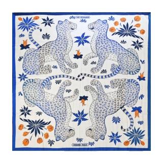 【Hermes 愛馬仕】Les Leopards 140 cm手工捲邊喀什米爾與真絲混紡方巾(藍/橙)