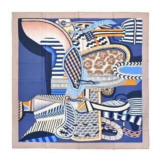 【Hermes 愛馬仕】La Selle Imaginaire 140 cm手工捲邊喀什米爾與真絲混紡方巾(亮棕/藍/赭)