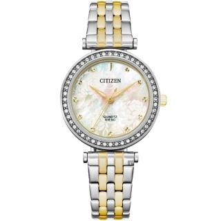 【CITIZEN 星辰】花語晶鑽珍珠貝石英女錶-30mm 母親節禮物 送行動電源(ER0214-54D)