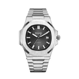 【DITALING】銀框 黑面橫條 八角造型 自動上鍊機械錶 不鏽鋼錶帶 男錶 母親節(DT1561-S2)