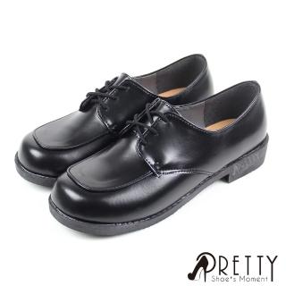 【Pretty】女學生鞋 學生皮鞋 小皮鞋 低跟 方頭 綁帶 學院風 台灣製(黑色)