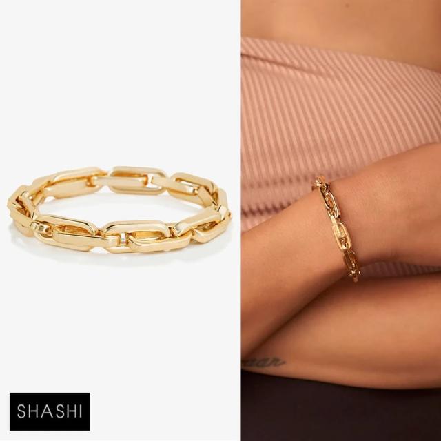 【SHASHI】紐約品牌 Linked Stretch 立體方塊手鍊 簡約金色手鍊