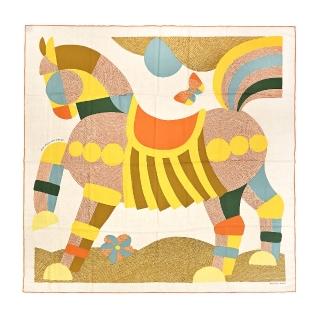 【Hermes 愛馬仕】Mon Premier Galop 140 cm手工捲邊喀什米爾與真絲混紡方巾(橙/黃)