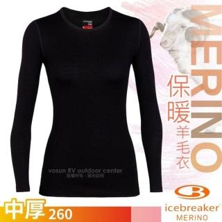 【Icebreaker】100% 美麗諾羊毛 女 Tech 保暖圓領長袖上衣 BF260.控溫排汗T恤(IB104387-001 黑)