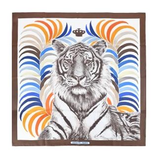 【Hermes 愛馬仕】Tigre Royal 90 cm手工捲邊斜紋真絲雙面方巾(咖啡)