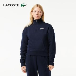 【LACOSTE】女裝-高領拉鍊抓絨運動衫(海軍藍)