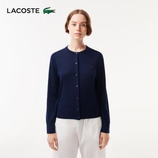 【LACOSTE】女裝-圓領開襟長袖羊毛衫(海軍藍)