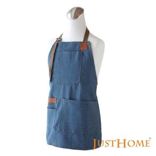 【Just Home】丹寧牛仔風附口袋兒童圍裙45x46cm(繞頸式背帶可調整鬆緊)