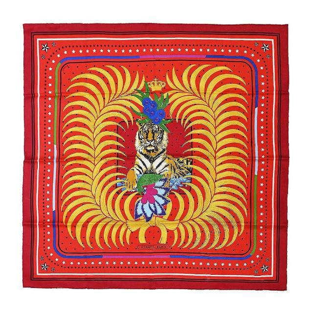【Hermes 愛馬仕】Tigre Royal 70 cm手工捲邊斜紋真絲方巾(紅)