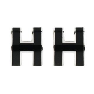 【Hermes 愛馬仕】Mini Pop H 經典H簍空耳環(黑/銀)