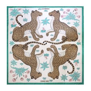 【Hermes 愛馬仕】Les Leopards 140 cm手工捲邊喀什米爾與真絲混紡方巾(米/咖/綠)