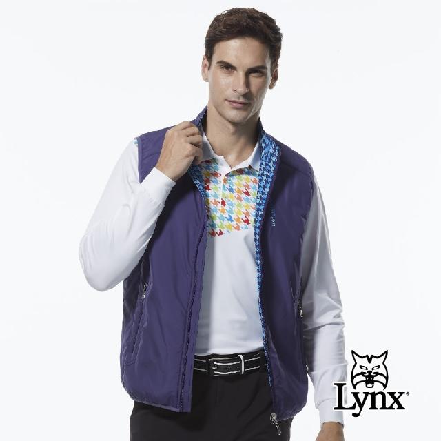 【Lynx Golf】男款薄鋪棉防風保暖Lynx繡花雙面穿千鳥花紋無袖背心(紫/藍色)