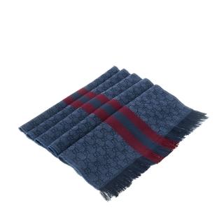 【GUCCI 古馳】經典織帶羊毛混絲雙色流蘇披肩/圍巾(淺藍/180X35)