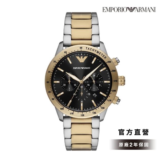 【EMPORIO ARMANI 官方直營】Mario 雋永本色計時手錶 銀色 x 金色不鏽鋼鍊帶 43MM AR11521
