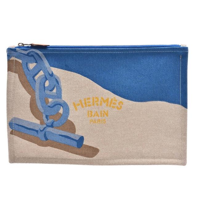 【Hermes 愛馬仕】經典Escale a la Plage鍊條圖騰帆布手拿包(藍色H103455M-BLUE)