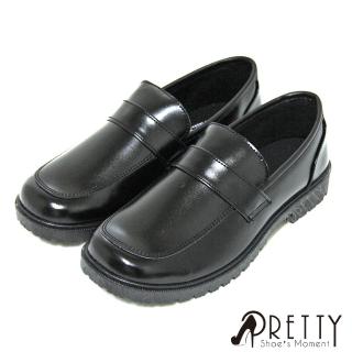 【Pretty】女學生鞋 學生皮鞋 小皮鞋 樂福鞋 低跟 圓頭 學院風 台灣製(黑色)
