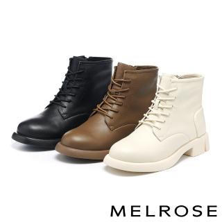【MELROSE】美樂斯 率性街頭感純色綁帶牛皮厚底短靴(多色)