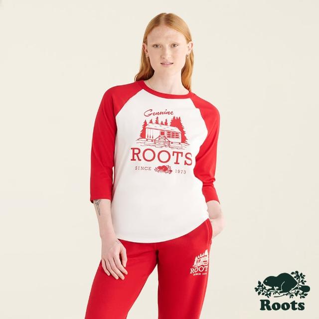 【Roots】Roots女裝-經典小木屋系列 經典LOGO棒球T恤(紅色)