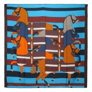 【Hermes 愛馬仕】Rocabar 140 cm手工捲邊喀什米爾與真絲混紡方巾(咖藍)