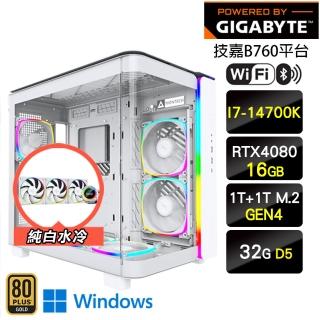 【技嘉平台】i7二十核GeForce RTX 4080 Win11{純愛戰神W} LCD水冷 電競電腦(i7-14700K/B760/32G/1T+1T SSD)