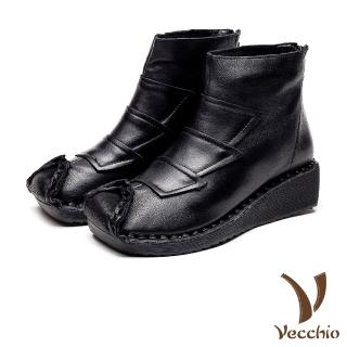 【Vecchio】真皮短靴 牛皮短靴 坡跟短靴/真皮頭層牛皮復古幾何時尚拼接坡跟短靴(黑)