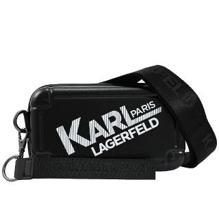 【KARL LAGERFELD 卡爾】品牌LOGO行李箱造型硬殼包收納包斜背包(黑)