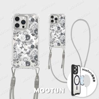 【MOOTUN沐盾】iPhone15 14 13 Pro Max 磁吸掛繩手機殼MagSafe 黑白玫瑰(附手機掛繩)