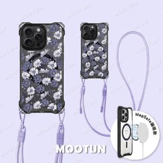 【MOOTUN沐盾】iPhone15 14 13 Pro Max 磁吸掛繩手機殼MagSafe 藍紫雛菊黑框(附手機掛繩)
