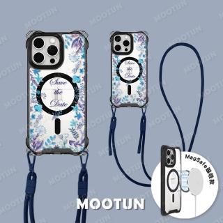 【MOOTUN沐盾】iPhone15 14 13 Pro Max 磁吸掛繩手機殼MagSafe 藍色花圈黑框(附手機掛繩)