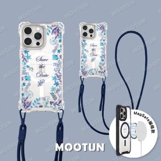 【MOOTUN沐盾】iPhone15 14 13 Pro Max 磁吸掛繩手機殼MagSafe 藍色花圈(附手機掛繩)