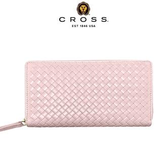 【CROSS】頂級小羊皮編織紋拉鍊長夾皮夾 蒂蜜特系列(水晶玫瑰粉 贈禮盒提袋)