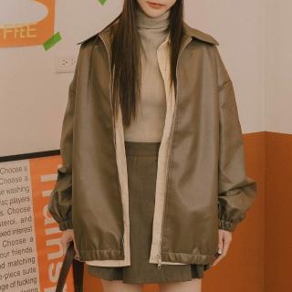 【Queenshop】女裝 長袖 質感素面拉鍊設計寬鬆皮革外套 兩色售 現+預 02060115