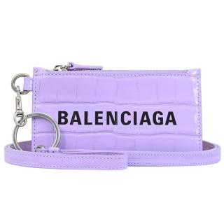 【Balenciaga 巴黎世家】經典LOGO鱷魚紋牛皮可拆掛式信用卡零錢包(粉紫)