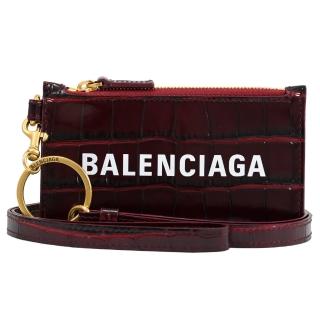 【Balenciaga 巴黎世家】經典LOGO鱷魚紋牛皮可拆掛式信用卡零錢包(深紅)