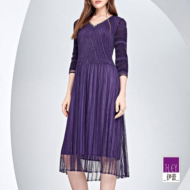 【ILEY 伊蕾】貴氣亮鑽壓摺網紗長洋裝(深紫色；M-XL；1233567104)