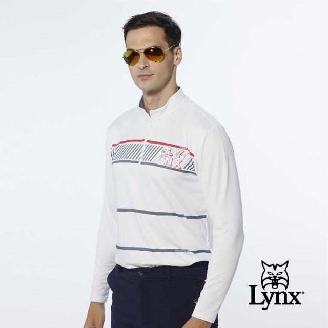 【Lynx Golf】男款吸濕排汗厚款極簡風線條印花長袖立領POLO衫/高爾夫球衫(白色)