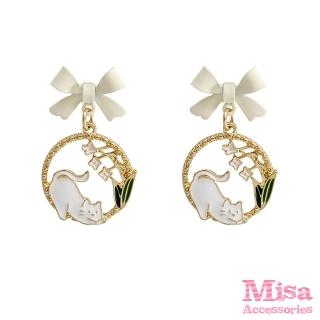 【MISA】韓國設計可愛調皮貓咪蝴蝶結造型夾式耳環(夾式耳環 貓咪耳環 無耳洞耳環 耳夾)