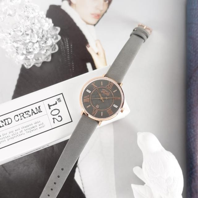 【NATURALLY JOJO】莫蘭迪色系 藍寶石水晶玻璃 菱格紋 日期 真皮手錶 灰x玫瑰金框 34mm(JO96993-85R)