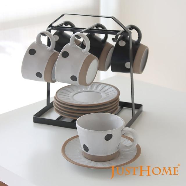 【Just Home】小圓點手刷粗陶6入咖啡杯盤組附收納架(咖啡杯 附禮盒)