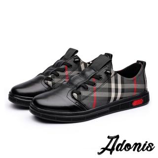 【Adonis】真皮休閒鞋/真皮頭層牛皮格紋布拼接復古休閒鞋-男鞋(黑)