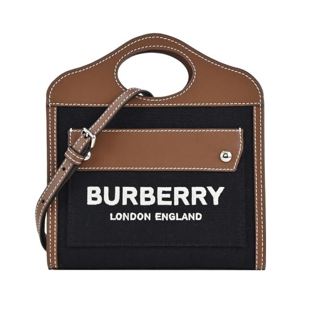 【BURBERRY 巴寶莉】Horseferry系列刺繡LOGO 帆布Pocket手提/斜背包(迷你/黑色)