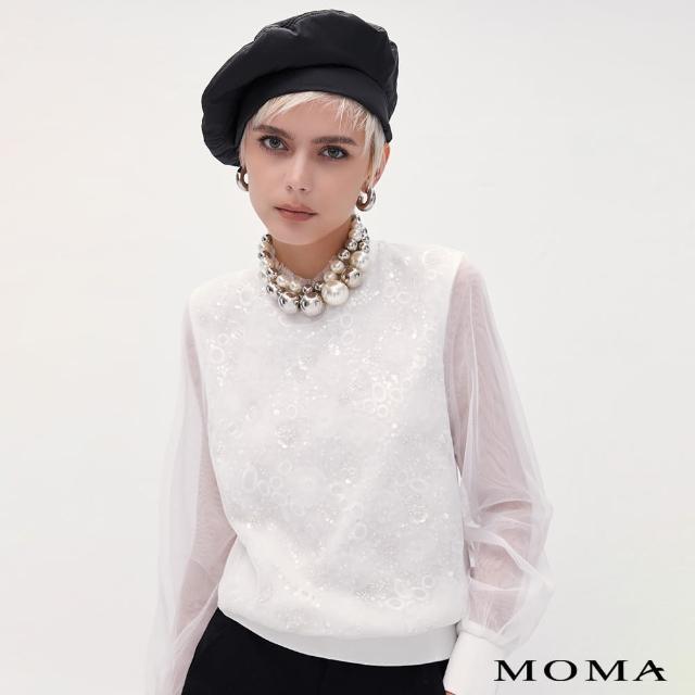 【MOMA】華麗珠飾網紗拼接上衣(白色)