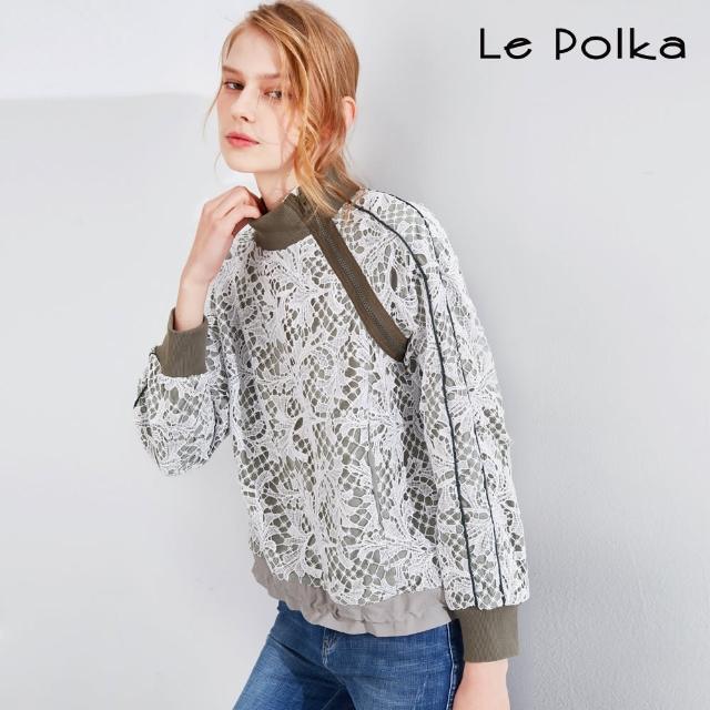 【Le Polka】高領斜拉鍊蕾絲上衣-女