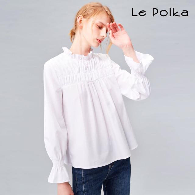 【Le Polka】歐風抽皺荷葉白襯衫-女